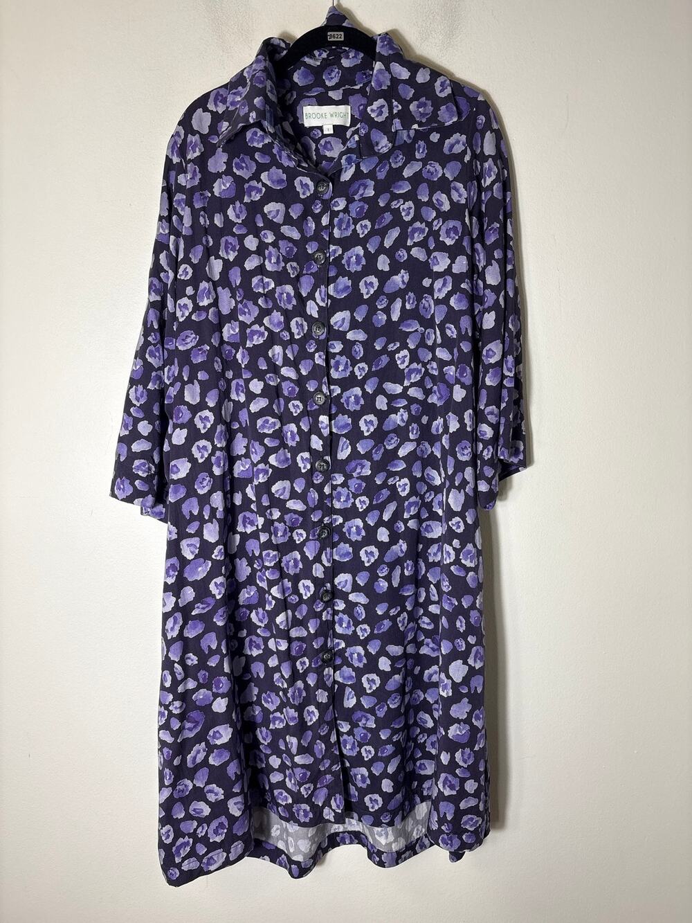 Brooke Wright Navy and Purple Cheetah Print Button Up Shirt Dress Sz L